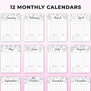 12 monthly calendar printable pages for 2026 bullet journal and planner, featuring clean black and white layouts in A4 and A5 sizes