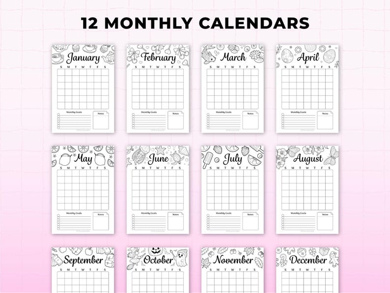 12 monthly calendar printable pages for 2026 bullet journal and planner, featuring clean black and white layouts in A4 and A5 sizes