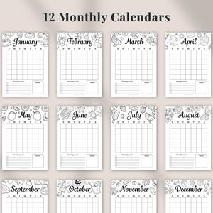 12 monthly calendar pages from a 2026 printable planner bundle showing January through December layouts with monthly goals and notes sections, minimalist black and white planner and bullet journal calendars, includes Monday and Sunday start options, A4 Letter and A5 sizes, instant digital download