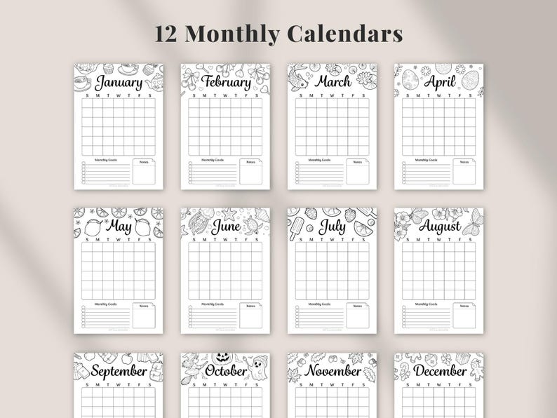 12 monthly calendar pages from a 2026 printable planner bundle showing January through December layouts with monthly goals and notes sections, minimalist black and white planner and bullet journal calendars, includes Monday and Sunday start options, A4 Letter and A5 sizes, instant digital download