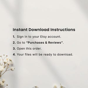 Instructions for accessing printable cleaning cards after purchase on Etsy. Step-by-step guide showing how to download digital cleaning card files from Etsy purchases and reviews. Includes instant download access to editable Canva cleaning cards, printable cleaning checklists, and room-by-room cleaning routines.