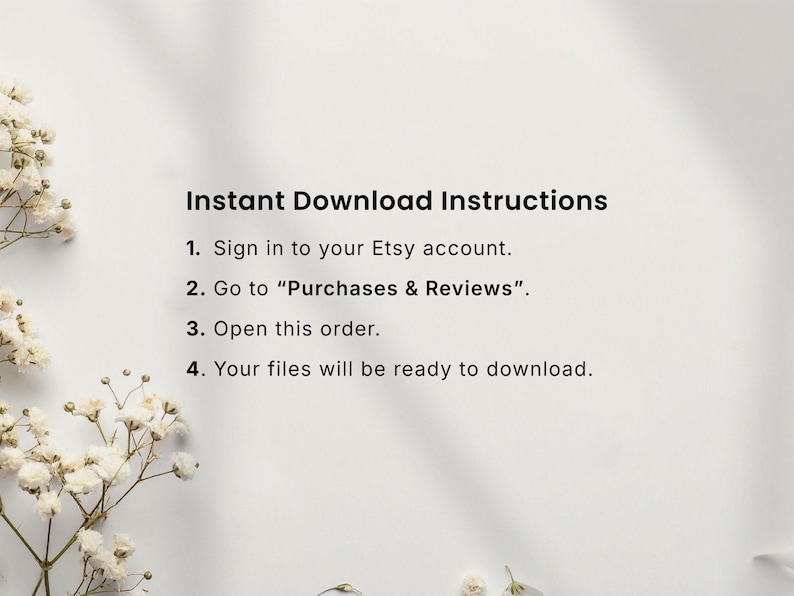 Instructions for accessing printable cleaning cards after purchase on Etsy. Step-by-step guide showing how to download digital cleaning card files from Etsy purchases and reviews. Includes instant download access to editable Canva cleaning cards, printable cleaning checklists, and room-by-room cleaning routines.