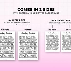 Bookshelf reading tracker printable showing A4 and A5 sizes with dotted and no dot background options, designed for tracking books read in bullet journals, planners, or printable book logs