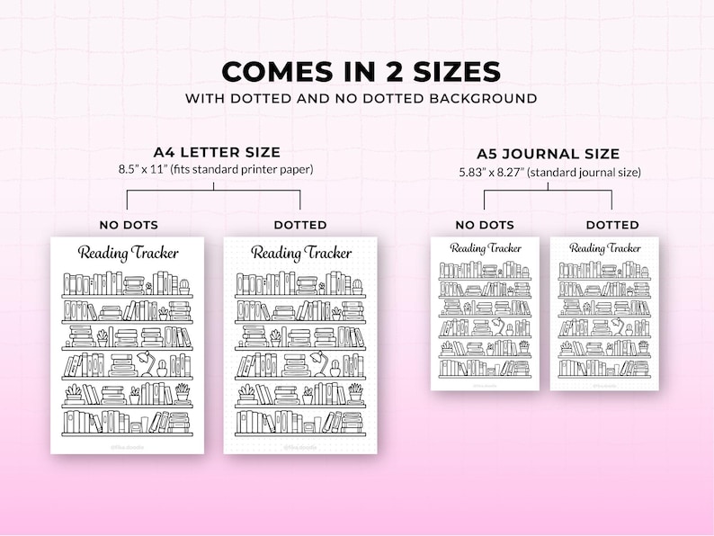 Bookshelf reading tracker printable showing A4 and A5 sizes with dotted and no dot background options, designed for tracking books read in bullet journals, planners, or printable book logs