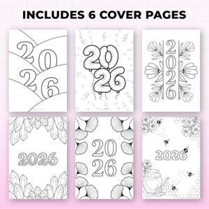2026 bullet journal bundle printable showing 6 unique black and white cover pages with floral and decorative designs for planners and journals