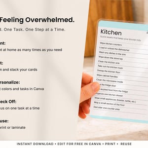 ADHD-friendly printable cleaning cards designed to reduce overwhelm by breaking cleaning into simple room-by-room tasks. Editable Canva cleaning cards include pre-filled and blank versions, instant download, unlimited printing, and reusable cleaning checklists for kitchen, bathroom, bedroom, and more.