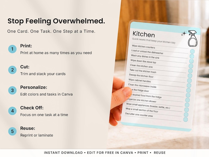 ADHD-friendly printable cleaning cards designed to reduce overwhelm by breaking cleaning into simple room-by-room tasks. Editable Canva cleaning cards include pre-filled and blank versions, instant download, unlimited printing, and reusable cleaning checklists for kitchen, bathroom, bedroom, and more.