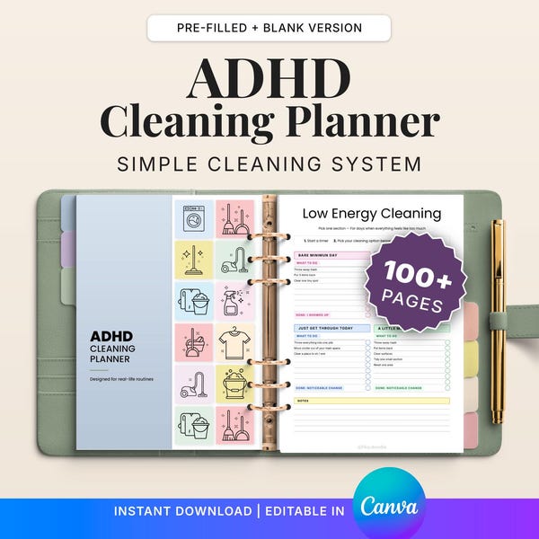 ADHD Cleaning Planner Printable | Cleaning Schedule Checklist PDF | Declutter & Cleaning Routine | Editable Canva, adhd cleaning chore chart