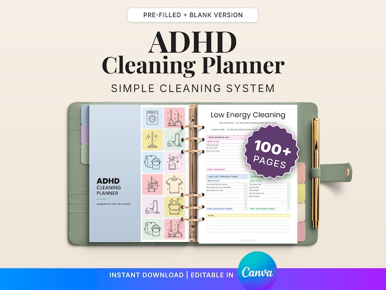 ADHD cleaning planner printable bundle PDF with 100+ pages including cleaning schedule, declutter challenge, cleaning checklist and deep cleaning planner. Editable in Canva, ADHD-friendly system designed to reduce overwhelm, build routines, and help you stay consistent with daily, weekly and monthly cleaning tasks.