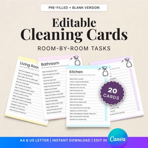 May include: A set of editable cleaning cards featuring room-by-room tasks for the living room, bathroom, and kitchen. The cards include checklists with spray bottle icons and a purple badge stating 20 CARDS. Text includes PRE-FILLED + BLANK VERSION.