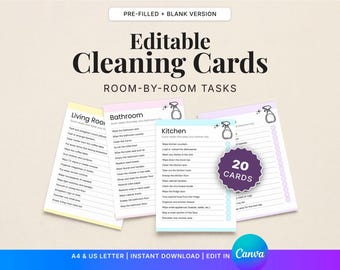 Schede di pulizia modificabili per ADHD / Liste di controllo per la pulizia stanza per stanza stampabili / 40 schede di pulizia in Canva / Sistema di gestione delle faccende domestiche