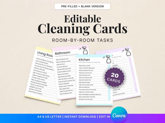 Editable Cleaning Cards for ADHD | Printable Room-by-Room Cleaning Checklists | 40 Canva Cleaning Cards | Household Chore System
