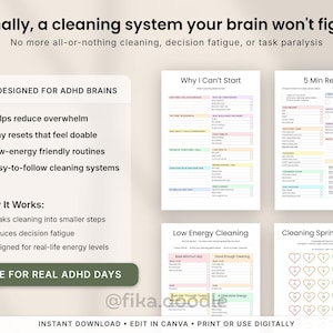 ADHD cleaning planner bundle printable PDF with ADHD-friendly cleaning routines, low energy cleaning checklists, cleaning sprint tracker, 5 minute reset pages, and easy-to-follow home cleaning systems for overwhelmed adults, moms, and neurodivergent users. Designed to reduce decision fatigue, task paralysis, and all-or-nothing cleaning habits. Ideal for digital planning, printable home organization, and realistic ADHD cleaning routines.