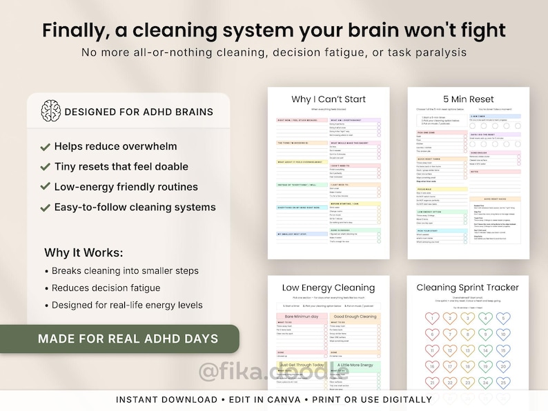 ADHD cleaning planner bundle printable PDF with ADHD-friendly cleaning routines, low energy cleaning checklists, cleaning sprint tracker, 5 minute reset pages, and easy-to-follow home cleaning systems for overwhelmed adults, moms, and neurodivergent users. Designed to reduce decision fatigue, task paralysis, and all-or-nothing cleaning habits. Ideal for digital planning, printable home organization, and realistic ADHD cleaning routines.