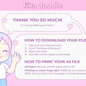 Thank you and download instructions page for Etsy printable purchase, showing how to download files from Etsy and how to print A5 planner pages at home