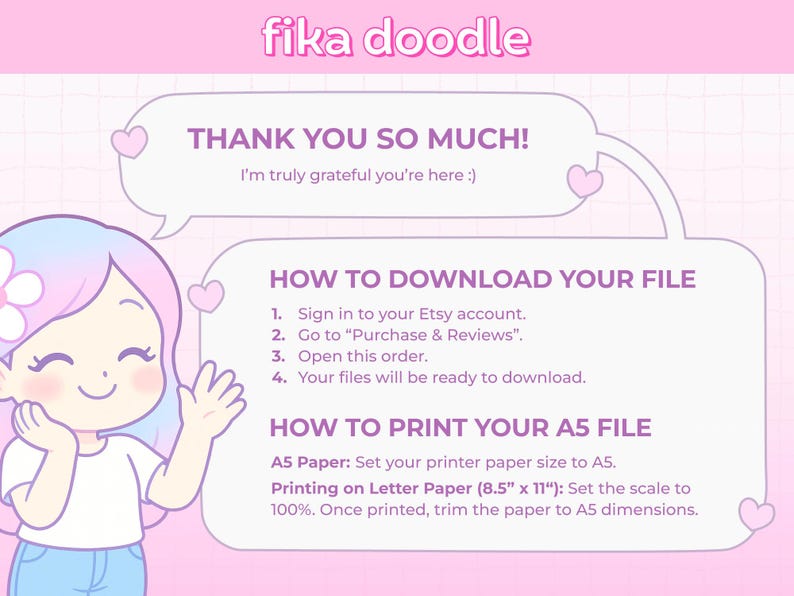 Thank you and download instructions page for Etsy printable purchase, showing how to download files from Etsy and how to print A5 planner pages at home