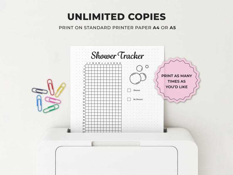 May include: A white printer with a printed "Shower Tracker" sheet. The sheet has a grid, bubbles, and checkboxes. Text on the sheet includes "Shower Tracker" and "J F M A M J J A S O N D". Colorful paper clips are scattered around the printer.