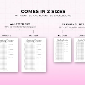 Op de afbeelding: Een witte leestracker met de tekst "Reading Tracker" in een scriptlettertype. De tracker is verkrijgbaar in A4 (21,0 cm x 29,7 cm) en A5 (14,8 cm x 21,0 cm) formaten, met gestippelde en niet-gestippelde achtergronden. Elke tracker heeft een raster.