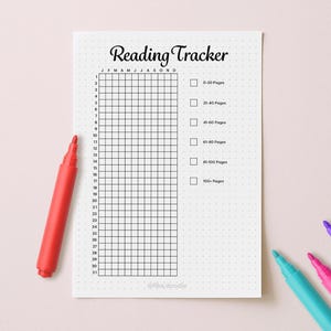 Op de afbeelding: Een witte leestracker met een raster om de leesvoortgang bij te houden. De titel "Reading Tracker" staat bovenaan. Een rode marker en drie andere gekleurde markers liggen naast de tracker. De tracker bevat pagina-bereiken.