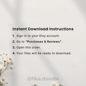 Etsy digital download instructions for an ADHD cleaning planner printable PDF showing how to access and download printable files from Etsy purchases and reviews. Includes instant download printable cleaning planner files editable in Canva and compatible with A4 and US Letter printing.