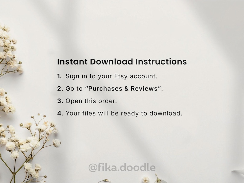 Etsy digital download instructions for an ADHD cleaning planner printable PDF showing how to access and download printable files from Etsy purchases and reviews. Includes instant download printable cleaning planner files editable in Canva and compatible with A4 and US Letter printing.