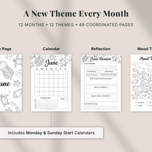 2026 planner bundle printable showing monthly title page, calendar, reflection page and mood tracker with a new theme each month, black and white planner and bullet journal pages, includes Monday and Sunday start calendars, A4 Letter and A5 sizes, instant digital download