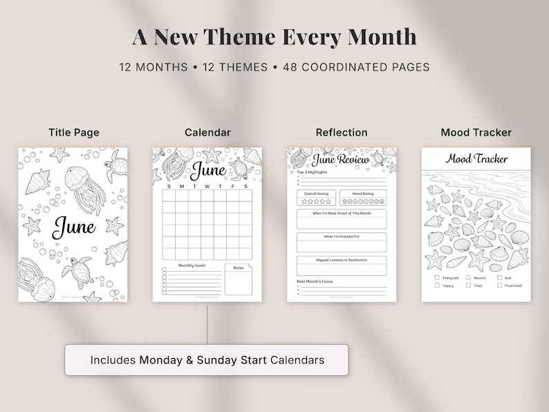 2026 planner bundle printable showing monthly title page, calendar, reflection page and mood tracker with a new theme each month, black and white planner and bullet journal pages, includes Monday and Sunday start calendars, A4 Letter and A5 sizes, instant digital download