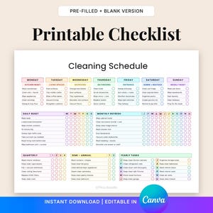 Può includere: Un elenco di controllo delle pulizie stampabile con una combinazione di colori pastello. L'elenco è diviso in attività giornaliere, settimanali, mensili, trimestrali, semestrali e annuali. Il titolo "Printable Checklist" è in alto.
