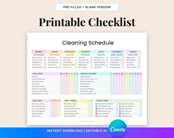 Pode incluir: Uma lista de verificação de limpeza imprimível com um esquema de cores pastel. A lista de verificação é dividida em tarefas diárias, semanais, mensais, trimestrais, semestrais e anuais. O título "Printable Checklist" está no topo.