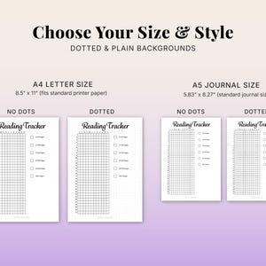 Reading planner printable showing size options A4 A5 and US Letter with dotted and plain backgrounds, including book tracker and reading log pages, printable reading journal bundle for easy home printing