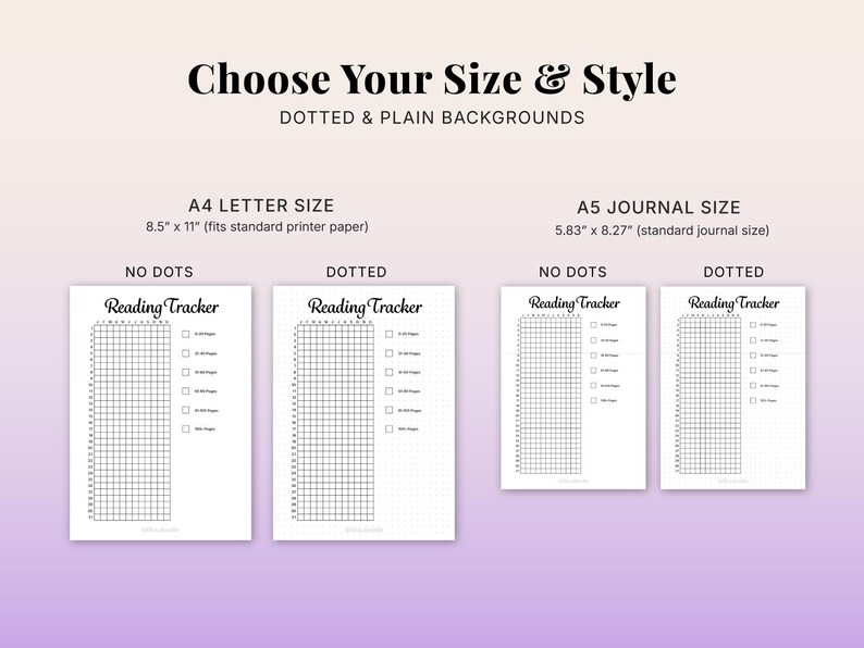 Reading planner printable showing size options A4 A5 and US Letter with dotted and plain backgrounds, including book tracker and reading log pages, printable reading journal bundle for easy home printing