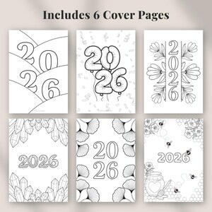2026 planner bundle cover pages printable showing six black and white year cover designs for planner and bullet journal use, minimalist digital planner pages in A4 Letter and A5 sizes