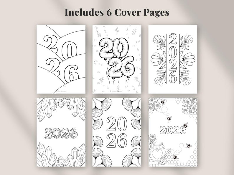 2026 planner bundle cover pages printable showing six black and white year cover designs for planner and bullet journal use, minimalist digital planner pages in A4 Letter and A5 sizes