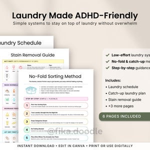 ADHD laundry planner printable PDF with low-effort laundry systems, no-fold laundry methods, stain removal guides, catch-up laundry routines, and step-by-step ADHD-friendly laundry schedules designed to reduce overwhelm and simplify laundry management. Includes printable home organization pages editable in Canva for digital or print use.