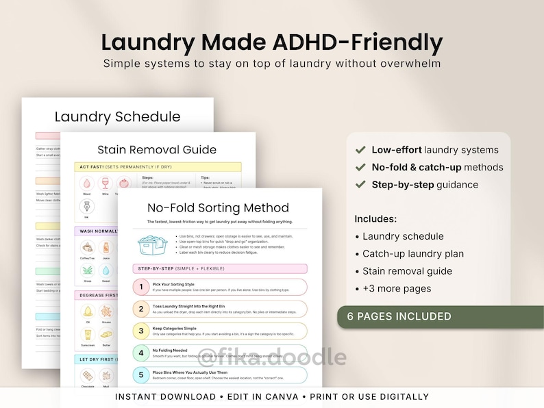 ADHD laundry planner printable PDF with low-effort laundry systems, no-fold laundry methods, stain removal guides, catch-up laundry routines, and step-by-step ADHD-friendly laundry schedules designed to reduce overwhelm and simplify laundry management. Includes printable home organization pages editable in Canva for digital or print use.