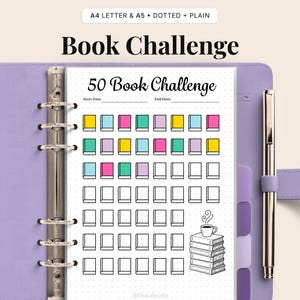 50 Book Challenge Printable Reading Tracker A4 and A5 Dotted or Plain Book Journal Page Digital Download Reading Game