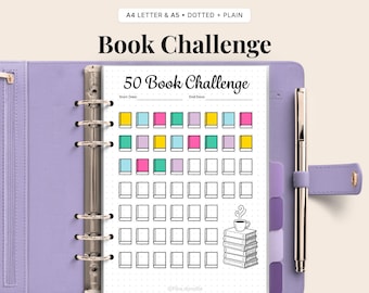 50 Book Challenge - Tracker di lettura stampabile in formato A4 e A5, pagina di diario con puntini o semplice, download digitale, gioco di lettura