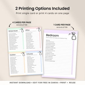 Printable cleaning cards with two printing options included. Print one full-size cleaning card per page or print four cleaning cards on a single page. Includes A4 and US Letter formats, Canva editable templates, room-by-room cleaning checklists, instant download, and reusable cleaning cards.