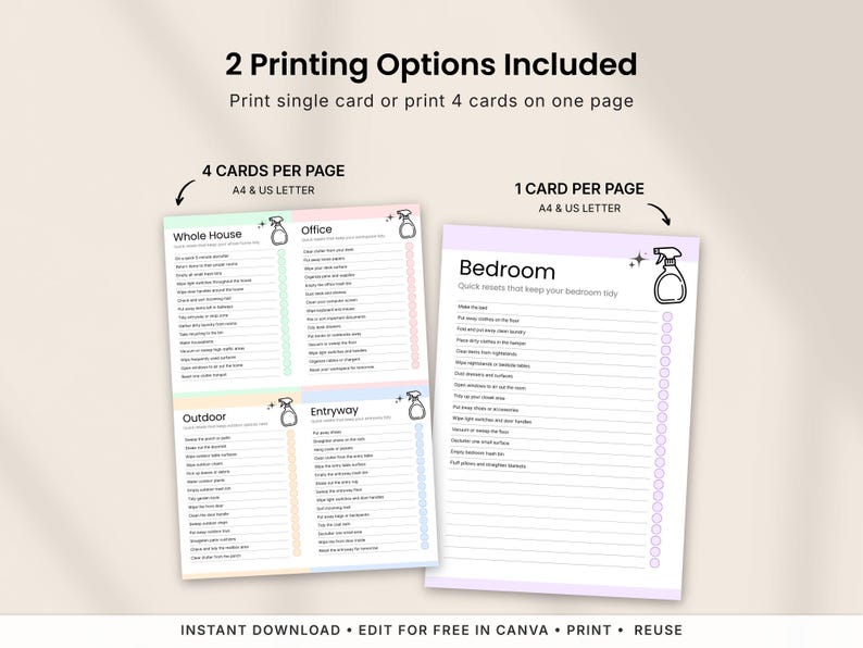 Printable cleaning cards with two printing options included. Print one full-size cleaning card per page or print four cleaning cards on a single page. Includes A4 and US Letter formats, Canva editable templates, room-by-room cleaning checklists, instant download, and reusable cleaning cards.