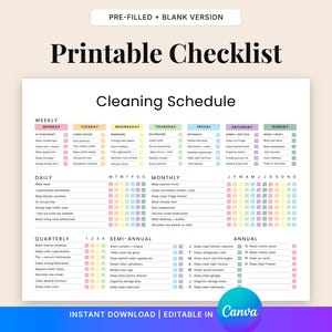 May include: A printable cleaning schedule checklist with sections for weekly, daily, quarterly, semi-annual, and annual tasks. The checklist is color-coded and includes the text "Printable Checklist" and "Cleaning Schedule".