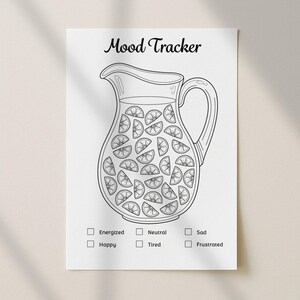 Mood tracker page from a 2026 printable planner featuring a black and white pitcher illustration with daily mood checkboxes, planner and bullet journal printable mood tracking page suitable for A4 Letter and A5 sizes, minimalist design, instant digital download