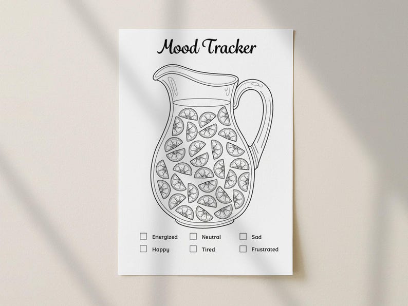 Mood tracker page from a 2026 printable planner featuring a black and white pitcher illustration with daily mood checkboxes, planner and bullet journal printable mood tracking page suitable for A4 Letter and A5 sizes, minimalist design, instant digital download