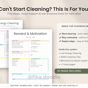 ADHD cleaning planner printable PDF with low energy cleaning pages, ADHD motivation tools, reward systems, overwhelm-friendly cleaning prompts, and simple step-by-step cleaning support for hard days. Includes visual cleaning checklists, tiny task resets, and printable ADHD-friendly routines designed to reduce task paralysis and help overwhelmed adults start cleaning.