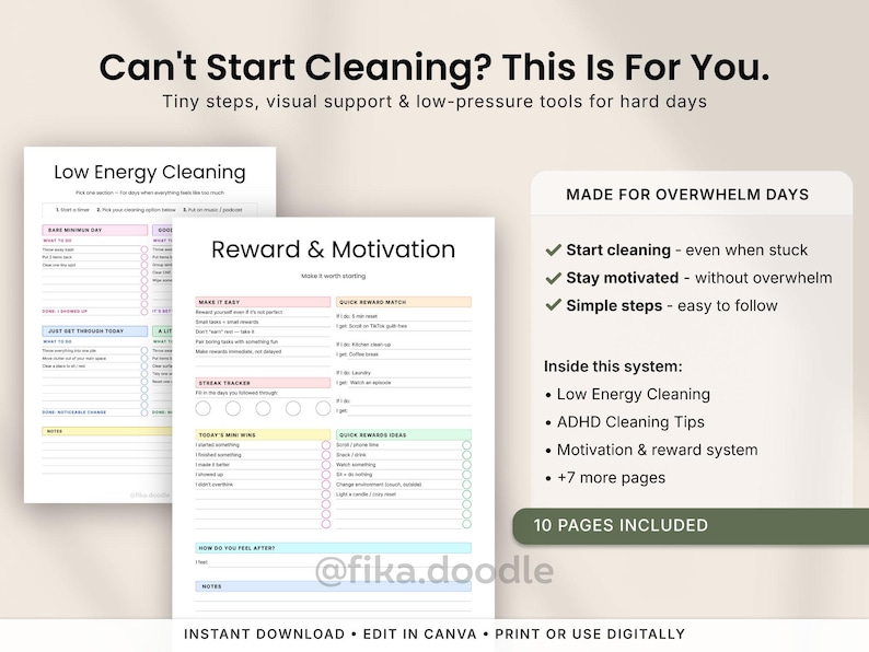 ADHD cleaning planner printable PDF with low energy cleaning pages, ADHD motivation tools, reward systems, overwhelm-friendly cleaning prompts, and simple step-by-step cleaning support for hard days. Includes visual cleaning checklists, tiny task resets, and printable ADHD-friendly routines designed to reduce task paralysis and help overwhelmed adults start cleaning.