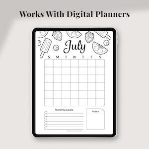 2026 printable planner page shown on a tablet demonstrating compatibility with digital planners, featuring a monthly calendar layout with goals and notes sections, black and white planner and bullet journal page suitable for use in digital planning apps or printed in A4 Letter and A5 sizes