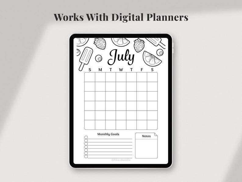 2026 printable planner page shown on a tablet demonstrating compatibility with digital planners, featuring a monthly calendar layout with goals and notes sections, black and white planner and bullet journal page suitable for use in digital planning apps or printed in A4 Letter and A5 sizes