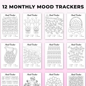 12 monthly mood tracker printable pages included in a 2026 bullet journal bundle, showing illustrated mood tracking layouts for each month. Features creative designs such as jars, popsicles, seashells, leaves, pumpkins, and seasonal themes. Black and white bullet journal mood tracker printables for mental health and habit tracking, designed for A4 and A5 planners, instant digital download.