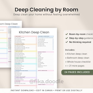 ADHD deep cleaning checklist printable PDF with room-by-room cleaning guides, kitchen deep clean checklists, bathroom deep cleaning pages, and whole house cleaning systems designed to reduce overwhelm and simplify home cleaning. Includes step-by-step ADHD-friendly cleaning routines, low-energy reset options, and printable home organization pages editable in Canva.