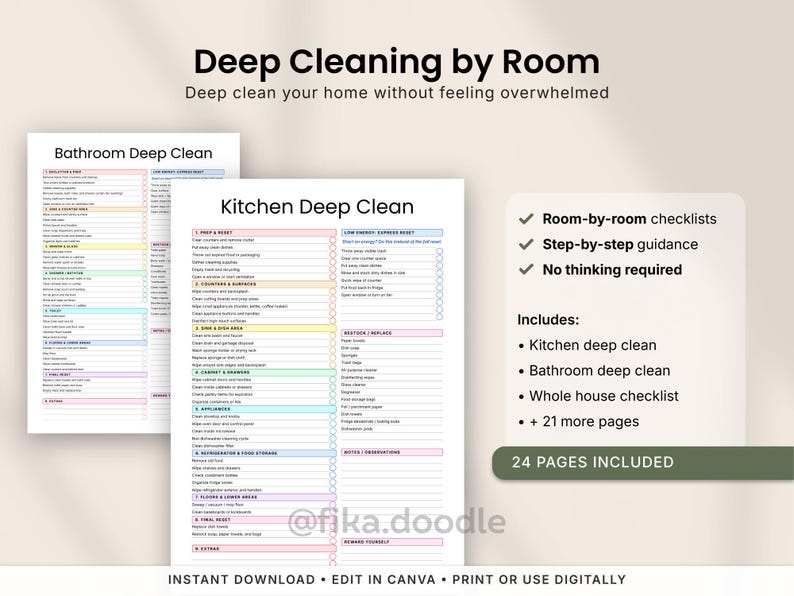 ADHD deep cleaning checklist printable PDF with room-by-room cleaning guides, kitchen deep clean checklists, bathroom deep cleaning pages, and whole house cleaning systems designed to reduce overwhelm and simplify home cleaning. Includes step-by-step ADHD-friendly cleaning routines, low-energy reset options, and printable home organization pages editable in Canva.