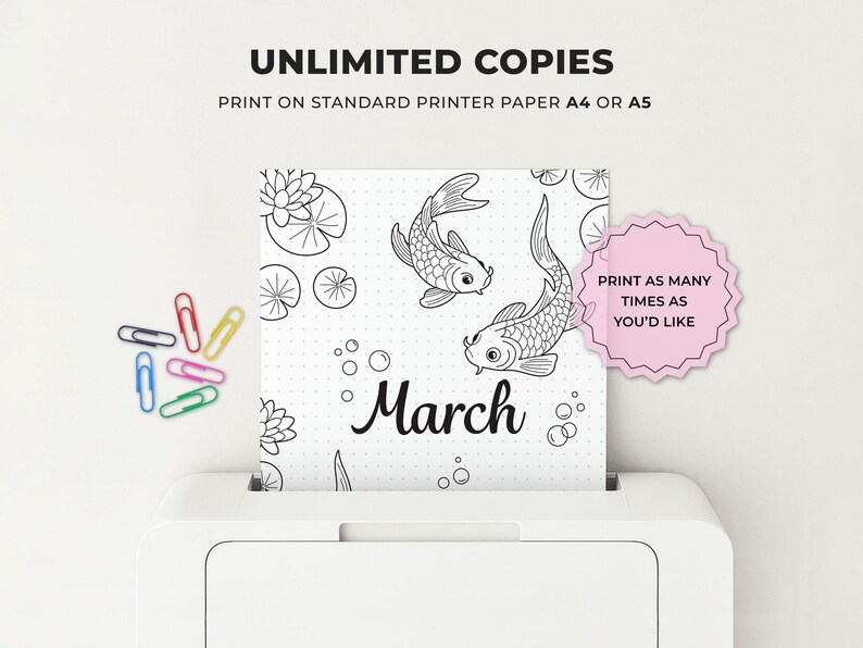March Planner Set, Koi Fish Theme, A4 A5 Printable (Digital Download) image 8